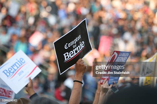 Campaign signs at Bernie Sanders rally at California Sate University, Dominquez Hills in Carson, California on May 17, 2016.