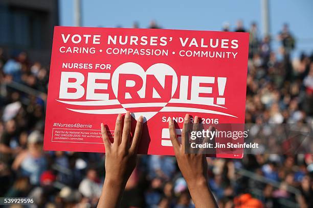 Campaign signs at Bernie Sanders rally at California Sate University, Dominquez Hills in Carson, California on May 17, 2016.