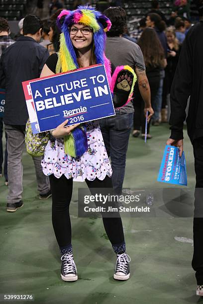 Campaign signs at Bernie Sanders rally at California Sate University, Dominquez Hills in Carson, California on May 17, 2016.