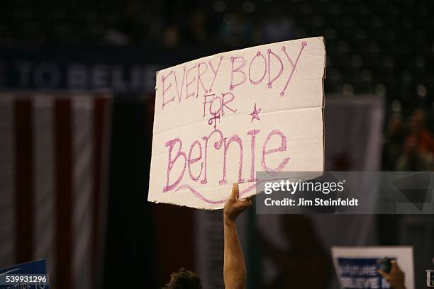 Campaign signs at Bernie Sanders rally at California Sate University, Dominquez Hills in Carson, California on May 17, 2016.