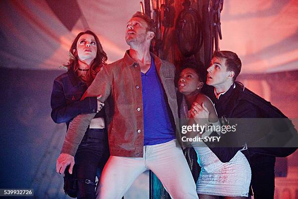 Pictured: Masiela Lusha as Gemini, Ian Ziering as Fin Shepard, Imani Hakim as Gabrielle, Cody Linley as Matt Shepard --