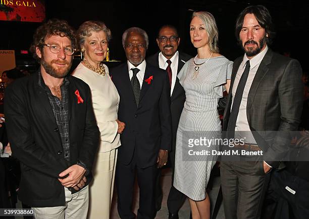 Dustin Yellin, Nane Maria Annan, Kofi Annan, UNAIDS Executive Director Michel Sidibe, Alexandra Grant and Keanu Reeves attend the UNAIDS Gala during...