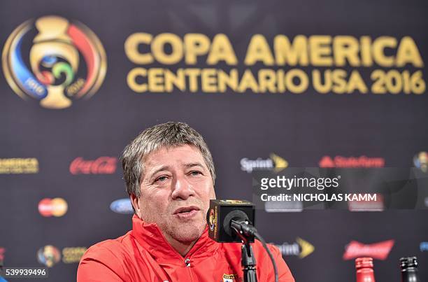 Panama's coach Hernan Dario Gomez speaks at a press conference in Philadelphia on June 13 on the eve of Chile'stwo days before Panama's Copa America...