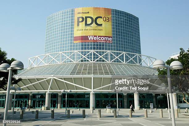 The exterior of the Los Angeles Convention Center is emblazoned with a welcome sign for Microsoft's Professional Developers Conference 2003. Bill...