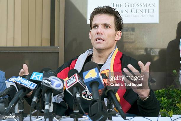 Eric LeMarque speaks at a press conference at The Grossman Burn Center about how he survived seven nights in below-freezing weather after getting...