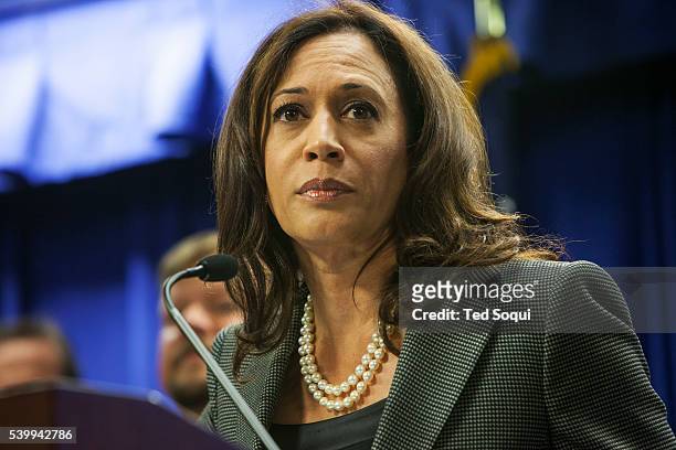 California Attorney General Kamala D. Harris. Press conference at the LA Federal Building to announce a multi-government and law enforcement agency...