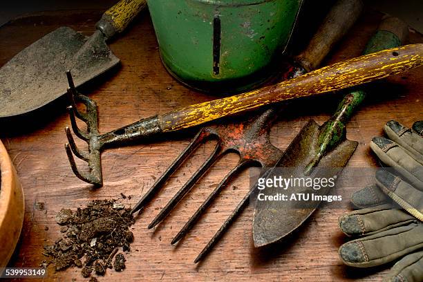 garden tools on wood - tools fotografías e imágenes de stock