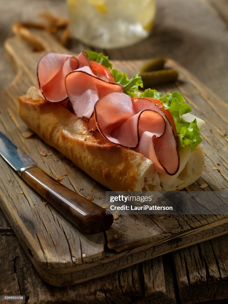 Ham and and Cheese Sandwich on a baguette