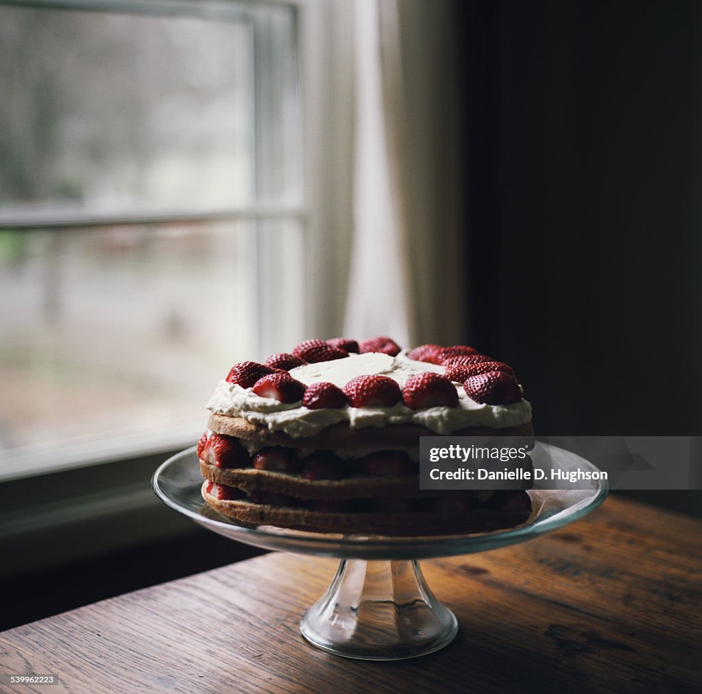 Strawberry Layer Cake on Table by Window