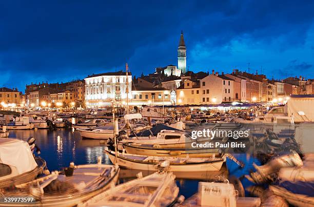 boats moored in rovinj old town harbor at night - istrië stockfoto's en -beelden