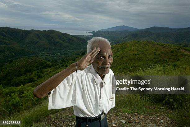 Year old Cirados Rofino Alves Coreia offers a salute to his Australian comrades. He marched with Australian commandos during WWII and will march...