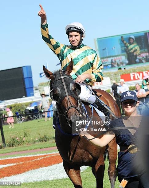 Horseracing , Flemington Races . RACE 7 Crown Guineas. Rock Classic [Michael Rodd ] after win . 13th March 2010 . THE AGE SPORT. Picture Vince...