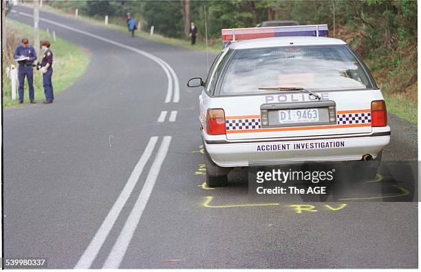 Police vehicle fired at during the Port Arthur massacre parked outside the Seascape Guesthouse after the killings, Port Arthur, Tasmania, 29 April...