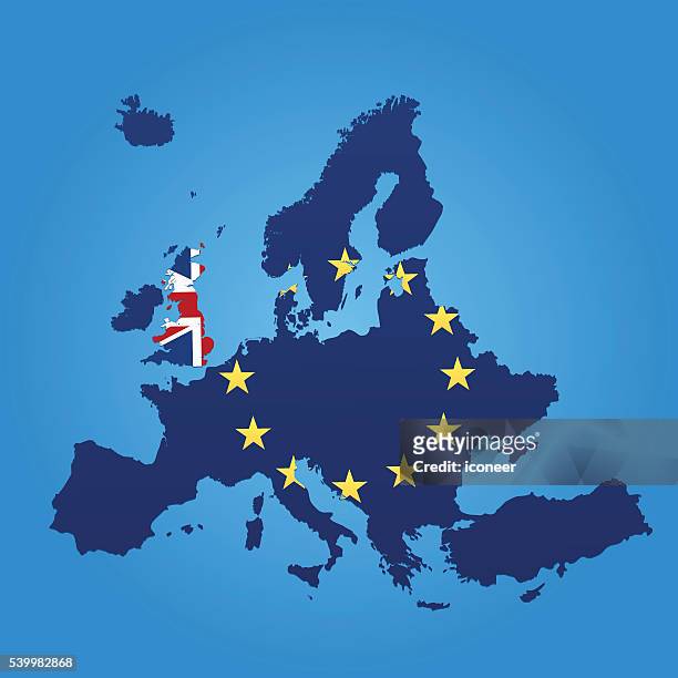 europa und vereinigtes königreich flagge karte auf blauem hintergrund - europaflagge stock-grafiken, -clipart, -cartoons und -symbole