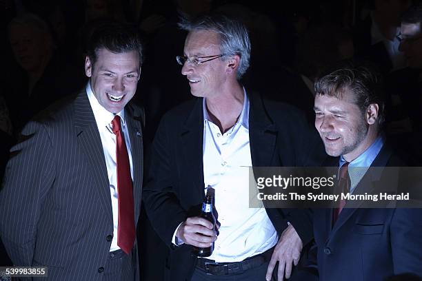 Peter Holmes A Court, David Gallop and Russell Crowe at the party concluding their takeover of the South Sydney Rabbitohs rugby league club, 8 June...