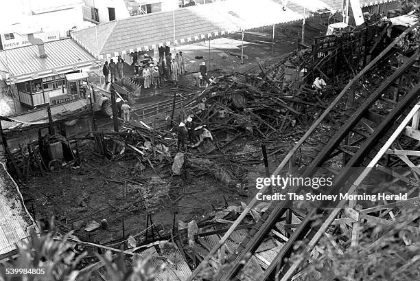 The devastation after the Ghost Train fire at Luna Park in Sydney, 10 June 1979. SMH Picture by RICK STEVENS