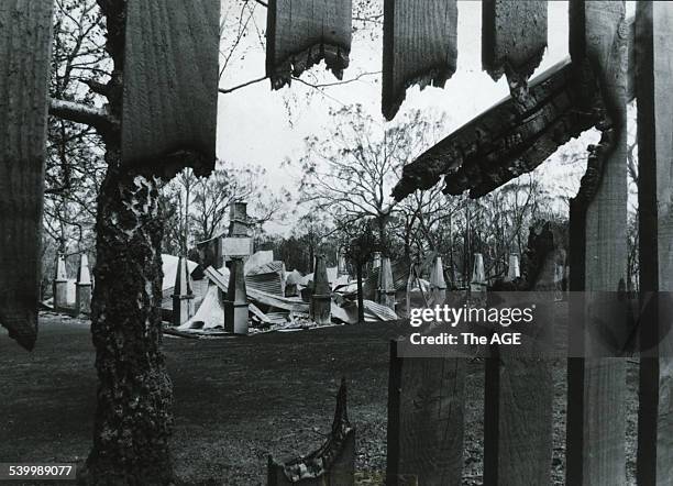 Ash Wednesday Bushfires 1983. The ruins of the National Emergency Services College after Ash Wednesday fires went through Mt Macedon in Victoria, 17...