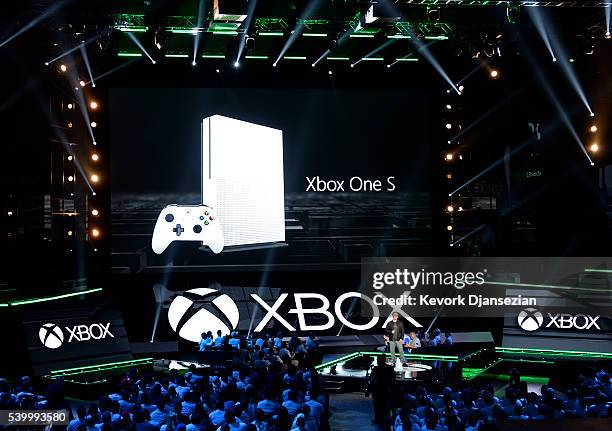 Phil Spencer, head of Xbox, announces the new Microsoft Xbox One S game console during the Microsoft Xbox news conference at the Galen Center during...