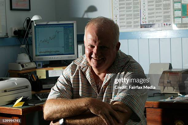 Maurice Taudevin trades contracts for difference, CFDs, from home via computer, 26 April 2006. AFR Picture by ROBERT ROUGH