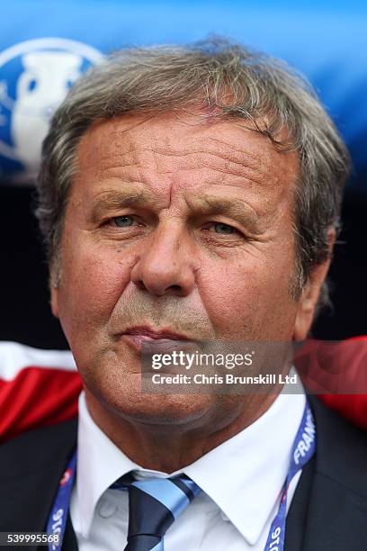 Slovakia coach Jan Kozak looks on during the UEFA Euro 2016 Group B match between Wales and Slovakia at Nouveau Stade de Bordeaux on June 11, 2016 in...