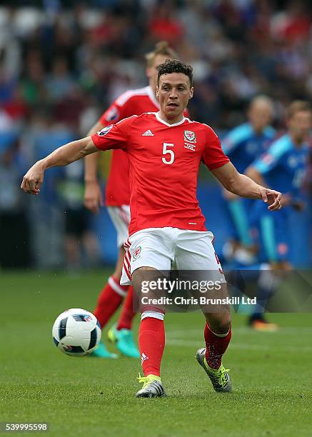 James Chester of Wales in action during the UEFA Euro 2016 Group B match between Wales and Slovakia at Nouveau Stade de Bordeaux on June 11, 2016 in...