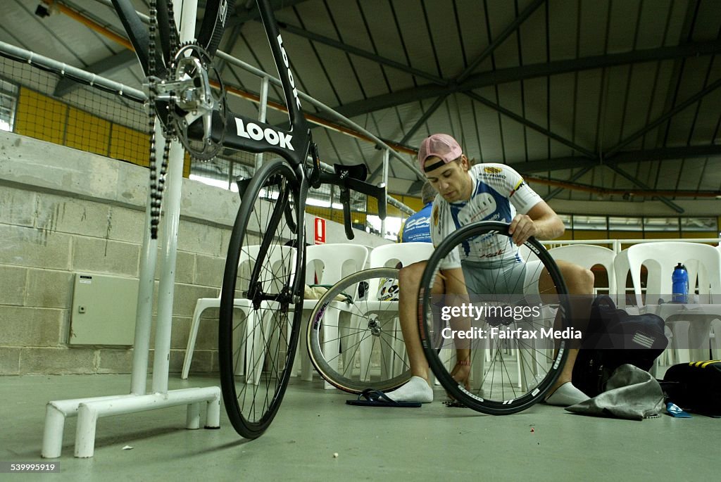 Australian cyclist Ben Kersten prepares at training at the Dunc Gray Velodrome,