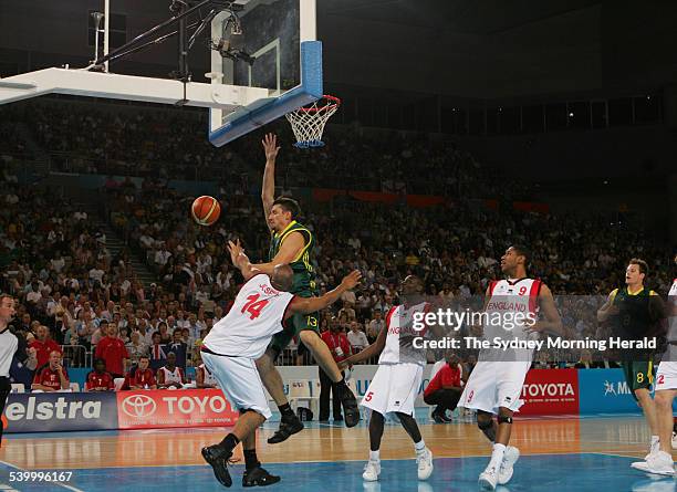 Commonwealth Games 2006. Australia's Russell Hinder draws a foul during the basketball semi final between Australia and England at the 2006 Melbourne...