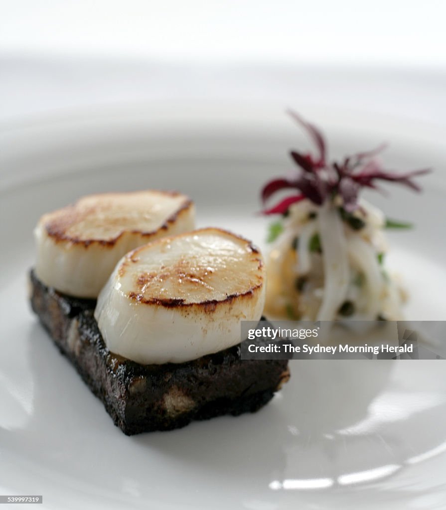 Seared scallop on black pudding with squid ceviche from Three Clicks West restau