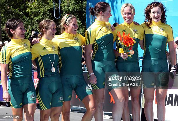 Commonwealth Games 2006. Womens cycling at the Royal Botanic Gardens. The Australian girls after the race. Olivia Gollan, Oenone Wood, Rochelle...