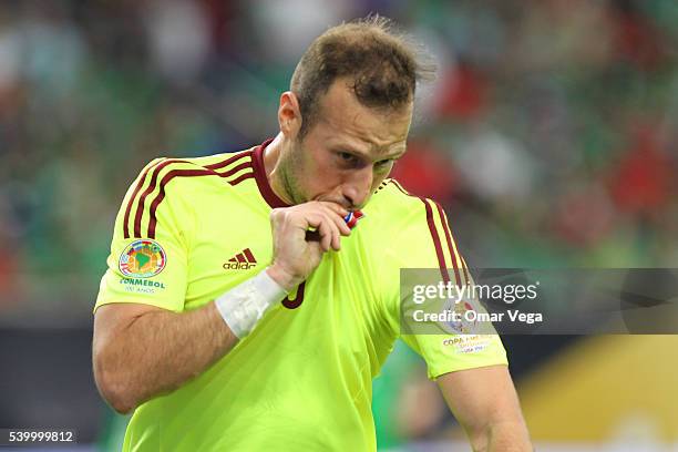 Jose Manuel Velazquez of Venezuela celebrates after scoring the opening goal during a group C match between Mexico and Venezuela at NRG Stadium as...