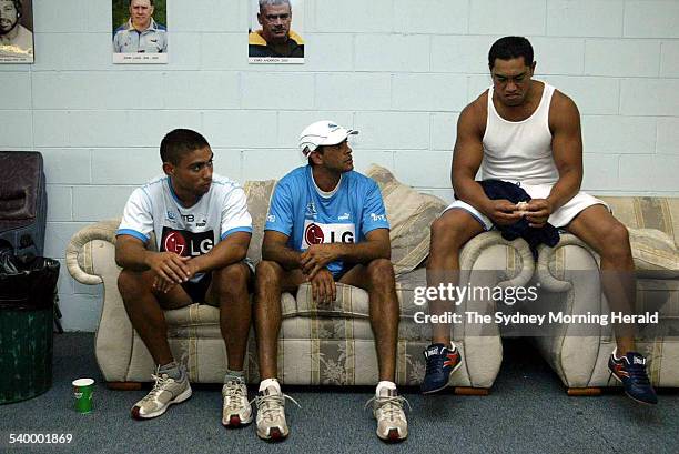 Cronulla Sharks Nathan Merritt, David Peachey and Andrew Lomu sit on a lounge at Toyota Park during a Sharks training session, 6 February 2004. SMH...