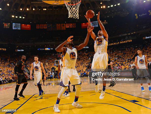 James Michael McAdoo of the Golden State Warriors grabs a rebound against the Cleveland Cavaliers during the 2016 NBA Finals Game Five on June 13,...