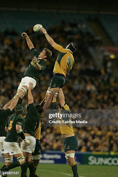 Australia's Dan Vickerman wins the lineout during the rugby union Tri-Nations test match between Australia and South Africa, 5 August 2006. AFR SPORT...