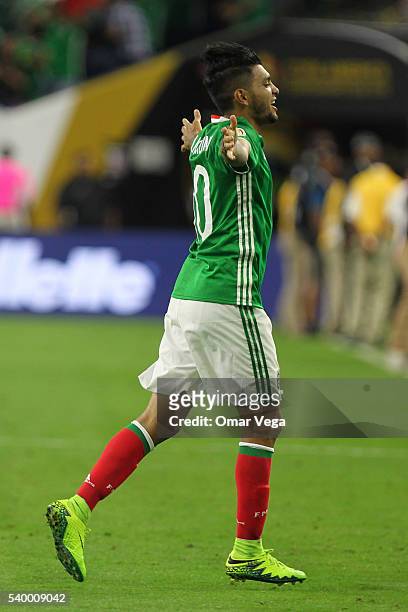 Jesus Manuel Corona of Mexico celebrates after scoring the first goal of his team during a group C match between Mexico and Venezuela at NRG Stadium...