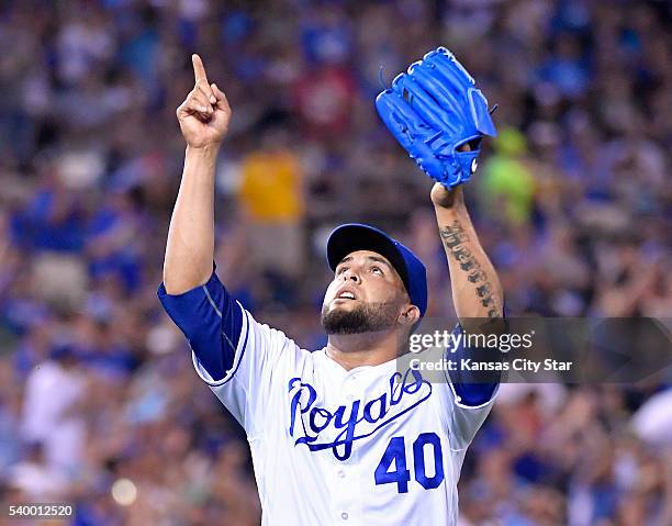 Kansas City Royals relief pitcher Kelvin Herrera celebrates getting out of the eighth inning on a double play on Monday, June 13 at Kauffman Stadium...