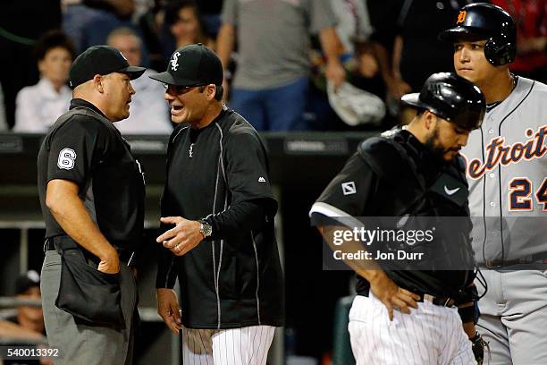 Manager Robin Ventura of the Chicago White Sox argues with home plate umpire Mark Carlson after being ejected from the game during the seventh inning...