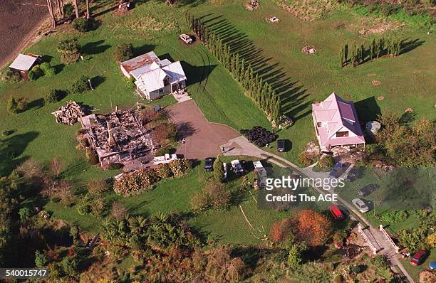 An aerial view of the remains of the Seascape Guesthouse burnt down during the Port Arthur massacre, Tasmania, 30 April 1996. THE AGE Picture by...