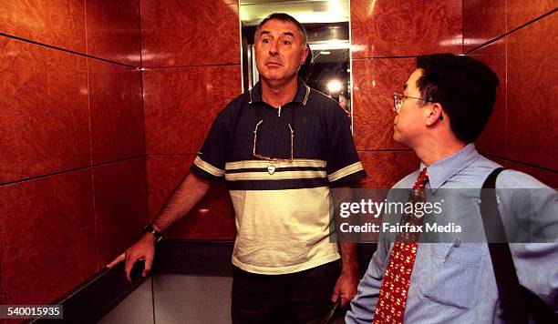 In the lifts at 2UE about to be interviewed by Mike Carleton, 1 September 1999. AFR Picture by JESSICA HROMAS