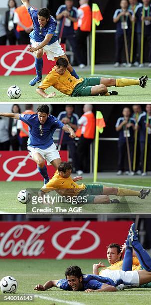 Combination of three pictures showing Italian defender Fabio Grosso falling after fighting for the ball with Australian defender Lucas Neill during...