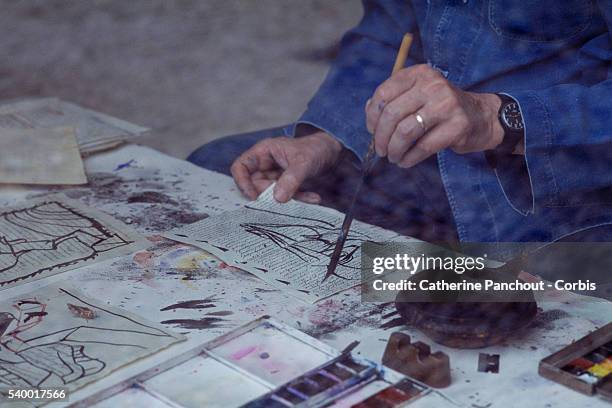 Belgian painter Pierre Alechinsky in his workshop in Provence.