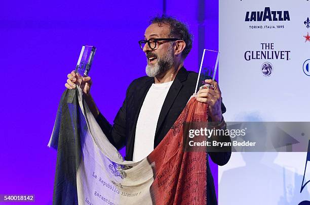 Brand ambassador and chef Massimo Bottura accepts his Best Restaurant Award at the World's 50 Best Restaurants 2016 Awards at Cipriani Wall Street on...