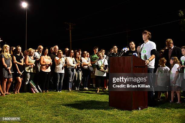 The brother of Christina Grimmie, Mark Grimmie, speaks during the Vigil For Christina Grimmie at Evesham Memorial Complex on June 13, 2016 in...