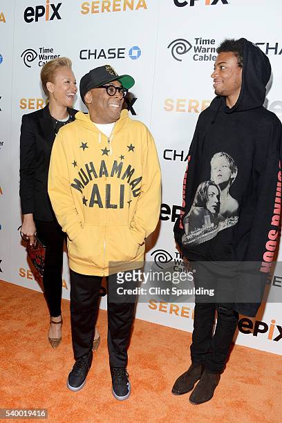 Tanya Lewis, Spike Lee, and Jackson Lee attend The Premiere of EPIX Original Documentary "Serena" at SVA Theatre on June 13, 2016 in New York City.