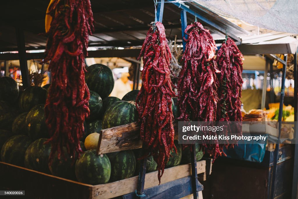 Red peppers in market