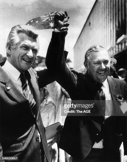 Businessman Alan Bond, right, and Prime Minister Bob Hawke celebrating Australia II's victory in the America's Cup, Perth, 15 November 1983. THE AGE...