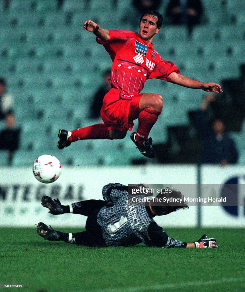 Wollongong Wolves Kostas Salapasidis has his shot blocked by Marconi keeper Ante