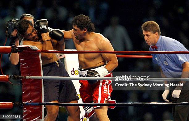 John Hopoate finishes off Frank Faasolo in the 1st round of their fight as an undercard to the Mundine v Green fight at Aussie Stadium, 17 May 2006....