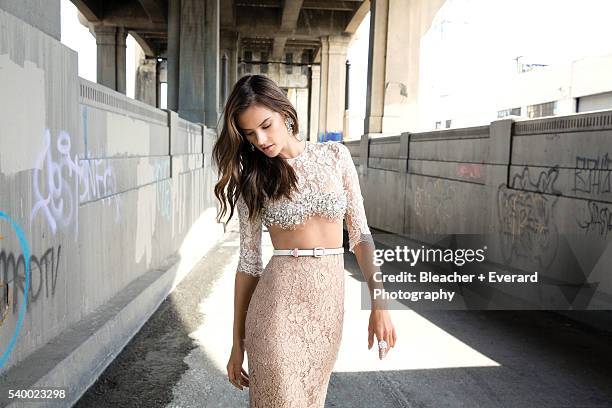 Model Alessandra Ambrosio poses at a fashion shoot for Harper's Bazaar Arabia on February 27, 2014 in Los Angeles, California. Styling: Sally...