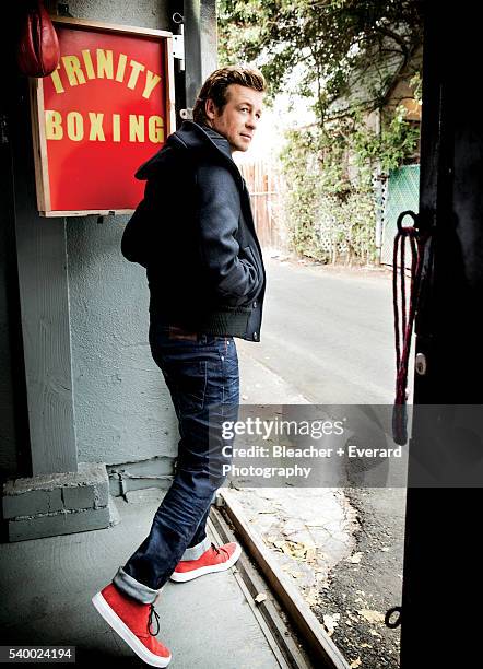 Actor Simon Baker is photographed for August Man on November 12, 2014 in New York City. Styling: Erin McSherry; Grooming: Helen Robertson. Hoodie by...