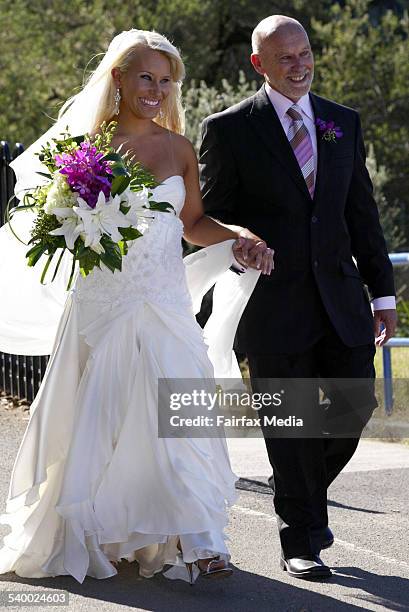 Rebecca Armstrong arrives with her father at her wedding to Brazilian boyfriend Paulo De Carvalho Morand at Belmore Basin, 15 April 2006. ILM Picture...